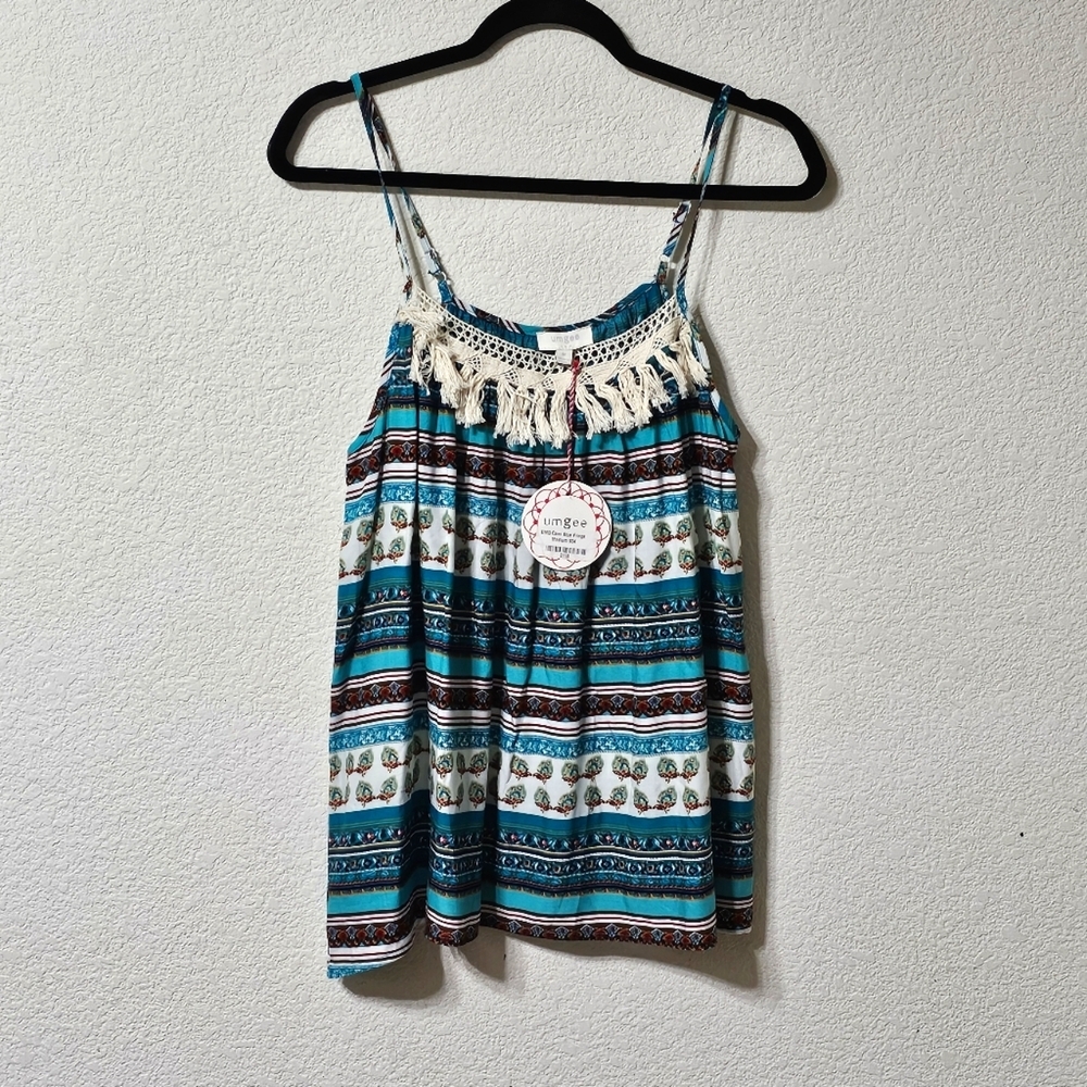 Umgee Blouse Womens M Blue Colorful Fringe V Neck Sleeveless Pullover Cami Top